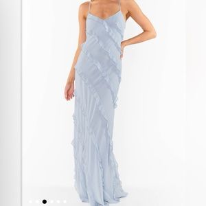 Show me your mumu romance ruffle dress blue satin